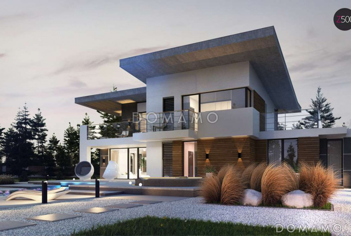 Проект просторного современного двухэтажного дома из кирпича, с пятью комнатами, гаражом и террасой над ним