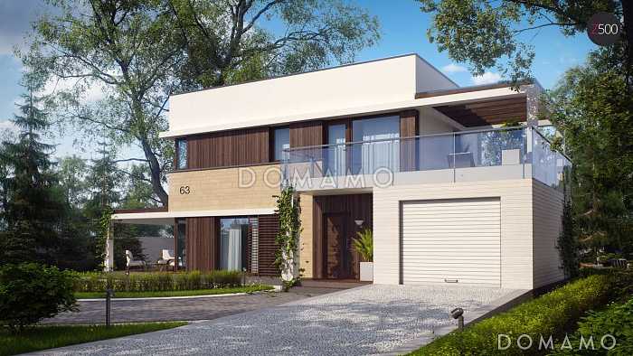 Проект современного двухэтажного дома из газобетона с плоской крышей с кабинетом, гаражом и крытыми террасами на обоих уровнях