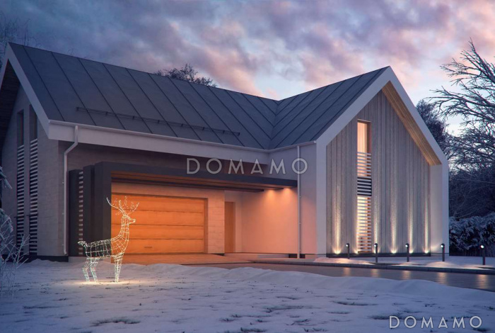 Проект современного одноэтажного мансардного дома из кирпича с панорамным остеклением, вторым светом и с гаражом