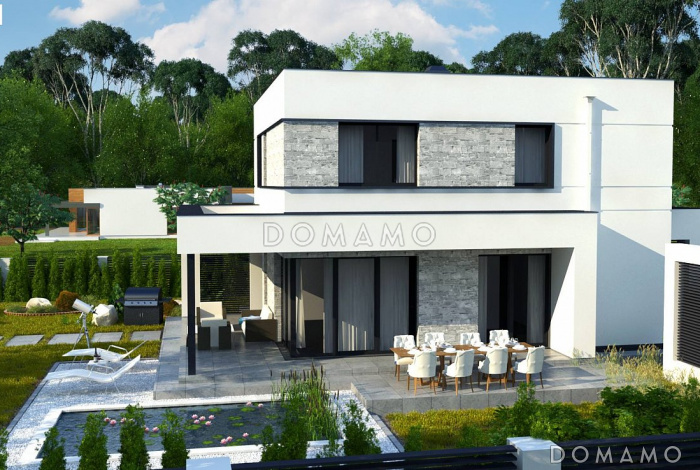 Проект современного двухэтажного дома из кирпича с плоской крышей, четырьмя комнатами, угловым остеклением гостиной и гаражом