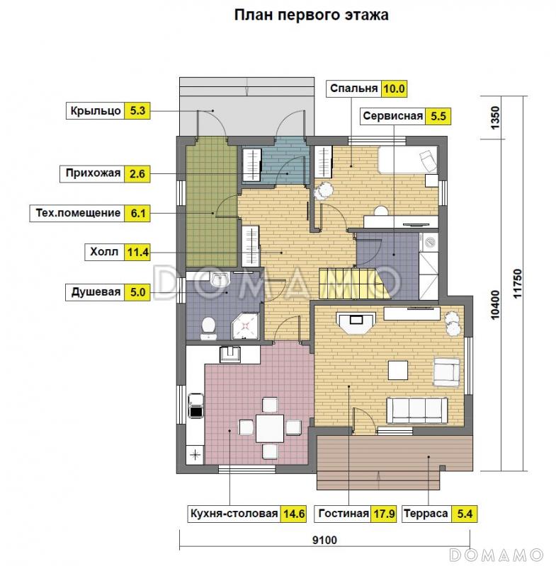 Проект дома из пеноблоков 9 на 10 / План 1 этажа