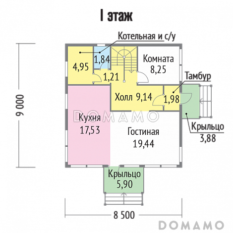 Проект каркасного дома с двумя небольшими балконами на втором этаже / План 1 этажа