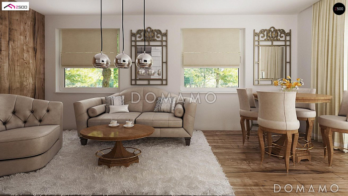 Проект компактного одноэтажного мансардного дома из кирпича с тремя спальнями и фронтальной террасой