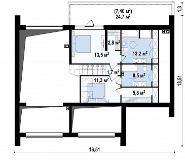 Проект современного одноэтажного мансардного дома с двухскатной крышей из кирпича с четырьмя комнатами и гаражом / План мансардного этажа