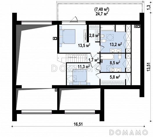Проект современного одноэтажного мансардного дома с двухскатной крышей из кирпича с четырьмя комнатами и гаражом / План мансардного этажа
