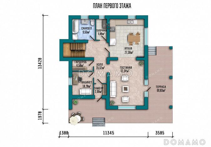 Проект дома с 3 спальнями, кабинетом, длинной угловой террасой и окнами в пол / План 1 этажа
