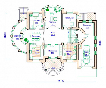 Проект коттеджа с двусветной гостиной, гаражом и террасой / План 1 этажа
