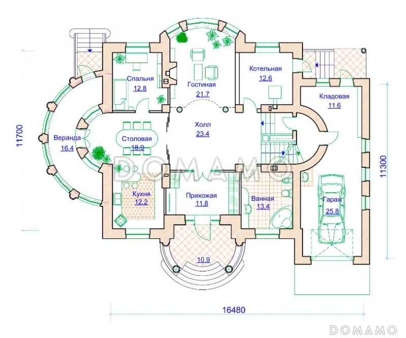 Проект коттеджа с двусветной гостиной, гаражом и террасой / План 1 этажа
