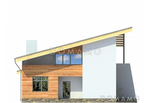 Проект дома с односкатной крышей, панорамными окнами, кухней с выступом для рабочей зоны, просторной гостиной, двумя балконами / Фасад 1