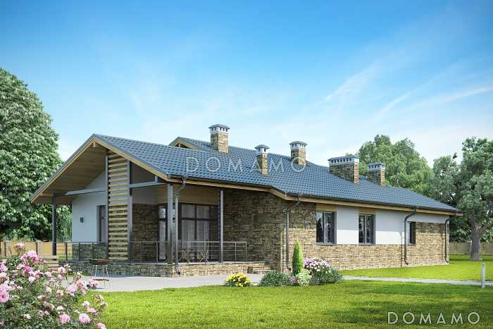 Проект дома с мансардными окнами, крытой террасой, просторной кухней-столовой с кладовой, сауной, вторым светом