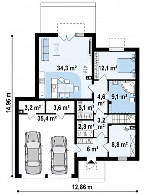 Проект современного комфортного двухэтажного дома из газобетона для двух семей с квартирами на разных этажах и общим гаражом с двумя въездами / План 1 этажа