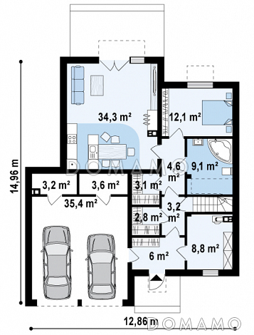Проект современного комфортного двухэтажного дома из газобетона для двух семей с квартирами на разных этажах и общим гаражом с двумя въездами / План 1 этажа