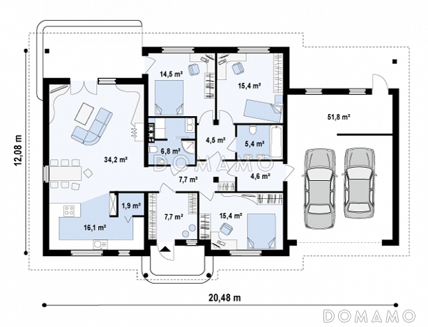 Проект просторного одноэтажного дома из газобетона с гаражом тремя спальнями / План 1 этажа