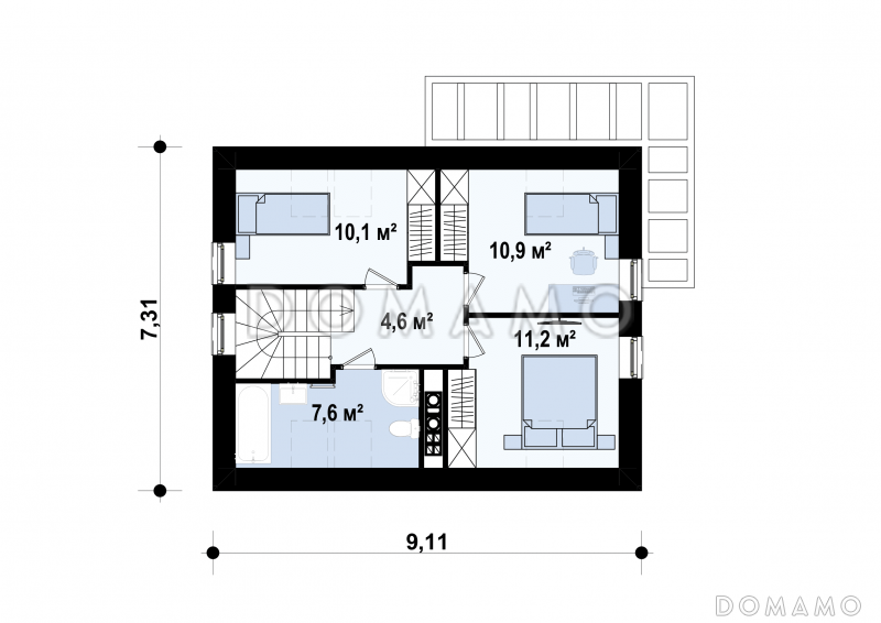 Проект компактного одноэтажного мансардного дома из кирпича с кабинетом на первом этаже и тремя спальнями на мансарде / План мансардного этажа
