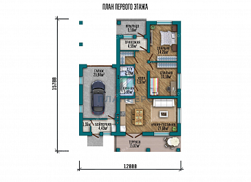 Проект одноэтажного дома с террасой и гаражом для автомобиля / План 1 этажа