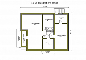 Проект двухэтажного дома из керамических блоков с двускатной крышей с подвалом, террасой и балконом / План цокольного этажа