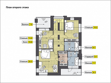 Двухэтажный загородный дом с облицовкой кирпичом, крытой террасой, спальней на первом этаже, двумя балконами / План 2 этажа