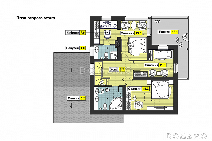 Проект дома с гаражом на одну машину, большой террасой, кабинетом / План мансардного этажа