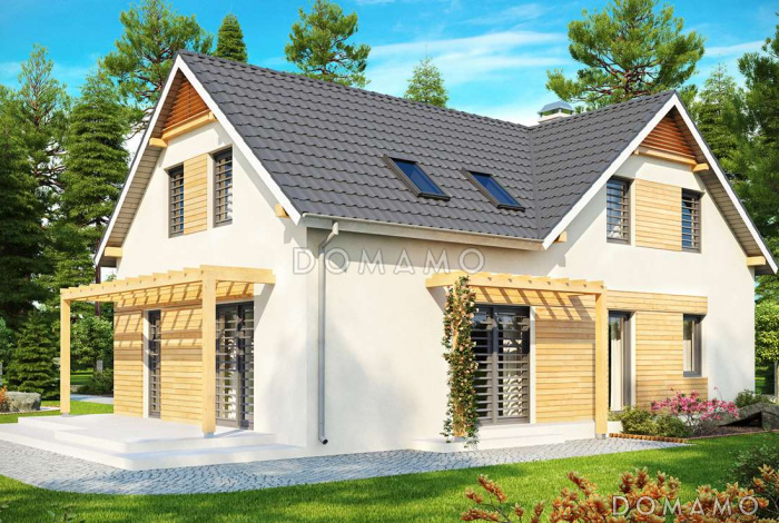 Проект одноэтажного дома из газобетона с угловой мансардой и встроенным гаражом