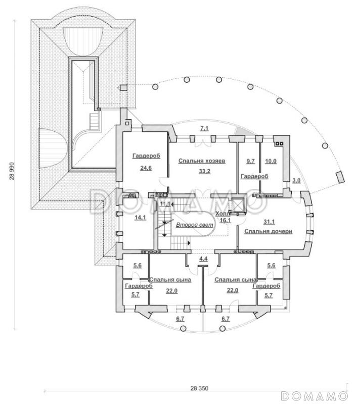 Проект коттеджа с бассейном и стеклянным куполом / План 2 этажа