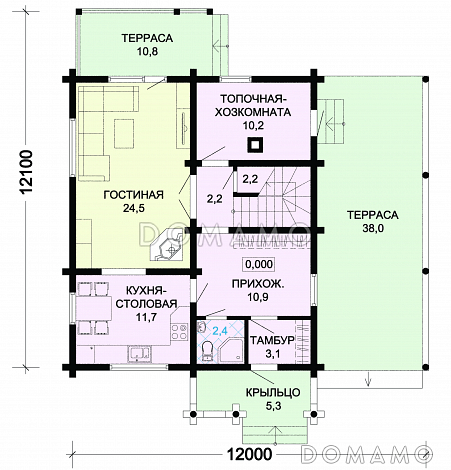 Проект деревянного дома с навесом для автомобиля / План 1 этажа