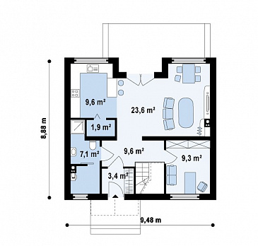 Проект одноэтажного мансардного дома из газобетона с кабинетом и балконом / План 1 этажа