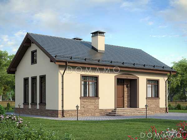 Проект дома с крыльцом со ступеньками, двумя спальнями, гостиной с кухней-столовой