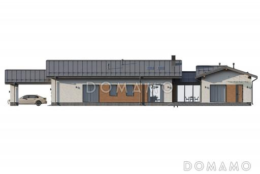 Проект одноэтажного дома из газобетона с навесом для двух автомобилей, 4 спальнями, сауной и верандой с барбекю / Фасад 2