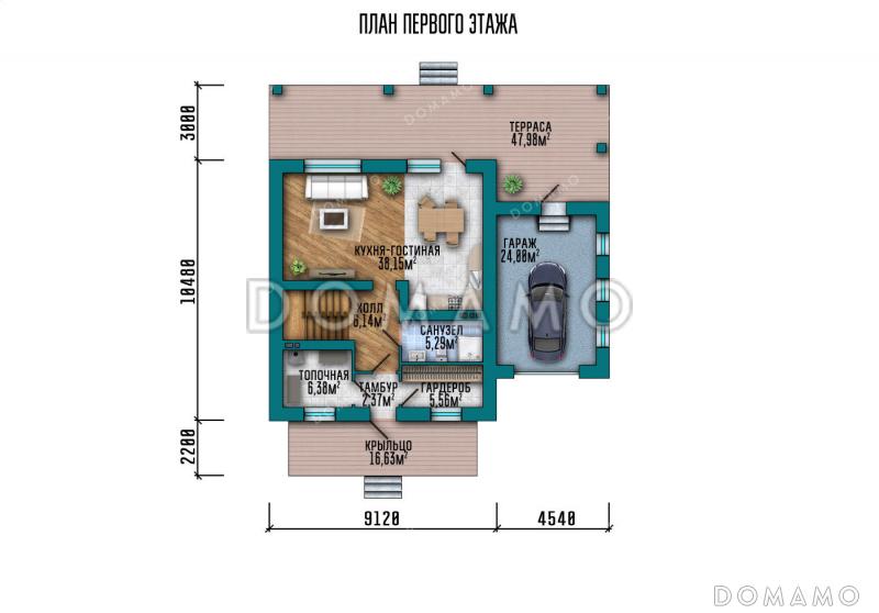 Проект дома с большими спальнями, гаражом и просторной террасой / План 1 этажа