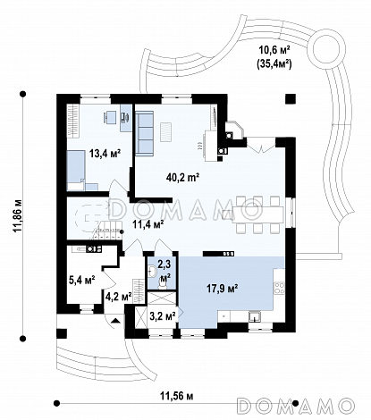 Проект уютного дома с цокольным этажом, камином на террасе, просторной гостиной, кладовой в кухне / План 1 этажа