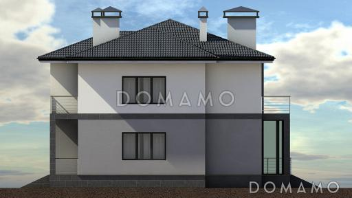 Проект дома для семьи от четырех человек с террасами, просторной кухней-столовой, хозяйской спальней на втором этаже / Фасад 2