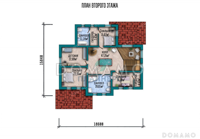 Проект двухэтажного дома с мансардой и террасой / План 2 этажа