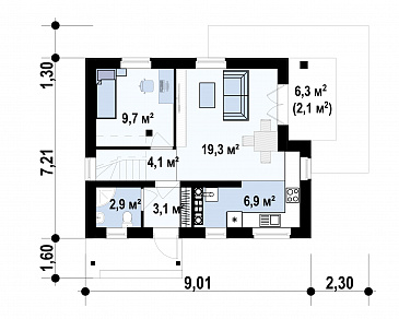 Проект загородного дома с террасой, санузлом с окном, спальней на первом этаже / План 1 этажа