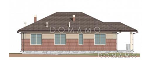 Проект одноэтажного дома с тремя спальнями, объединенной гостиной-кухней, небольшой террасой и хозяйственным помещением / Фасад 2