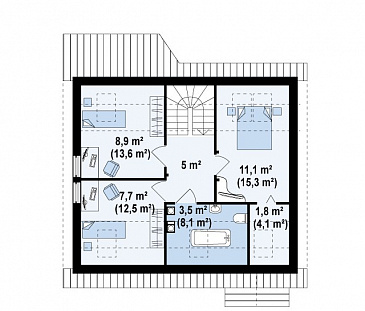 Проект уютного мансардного дома из кирпича с тремя спальнями и кабинетом / План мансардного этажа
