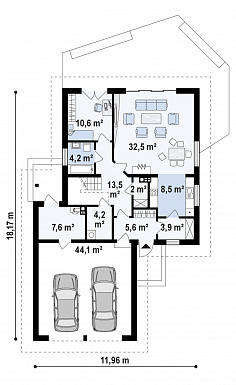 Проект комфортабельного дома с гаражом, постирочной, слуховыми и мансардными окнами в мансарде / План 1 этажа