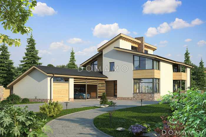 Проект дома с гаражом и навесом для автомобилей, просторной гостиной, спальней на первом этаже, террасой, вторым светом, длинным балконом