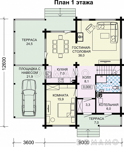Проект деревянного дома с мансардой и навесом для машины / План 1 этажа