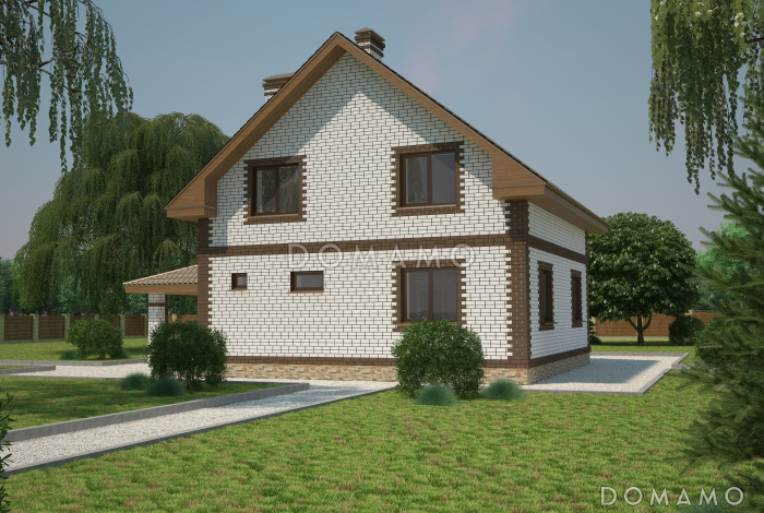 Проект компактного коттеджа с мансардным этажом и навесом под автомобиль, с наличием сауны