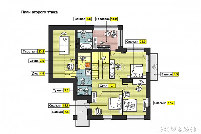 Проект кирпичного загородного дома в современном стиле с открытой террасой и гаражом  / План 2 этажа