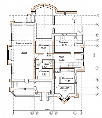 Проект коттеджа в стиле шале с двусветной гостиной / План цокольного этажа