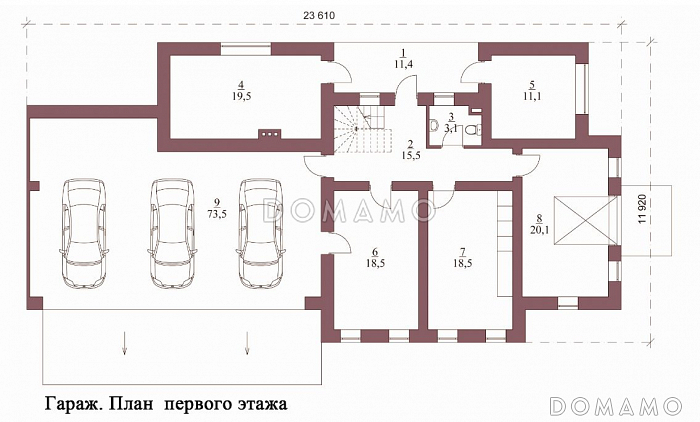 Проект гаража на 3 машины с мастерской и мансардой / План 1 этажа