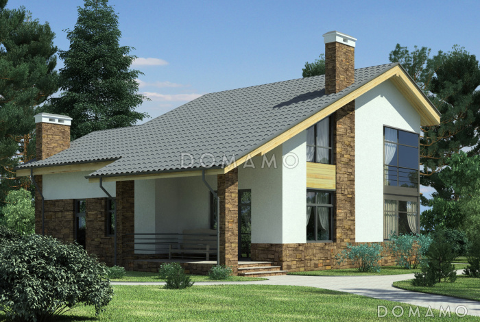 Проект дома с крытой террасой, спальней на первом этаже, постирочной, балконом