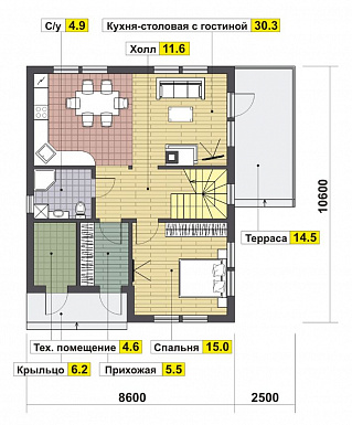 Проект дома из газобетона с четырьмя спальнями / План 1 этажа