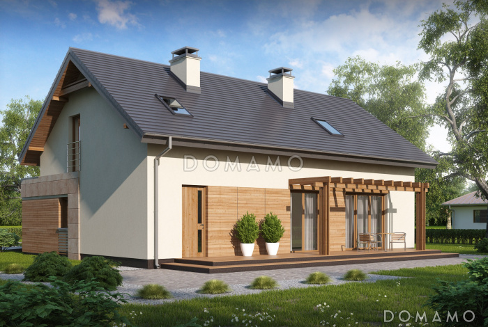 Проект загородного дома с мансардными окнами, балконом, террасой, гаражом на одну машину