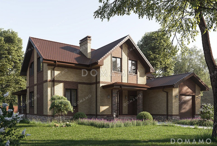 Проект одноэтажного дома с мансардой, гаражом и террасой