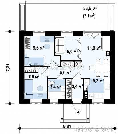 Проект компактного одноэтажного дома из газобетона с большой открытой террасой / План 1 этажа