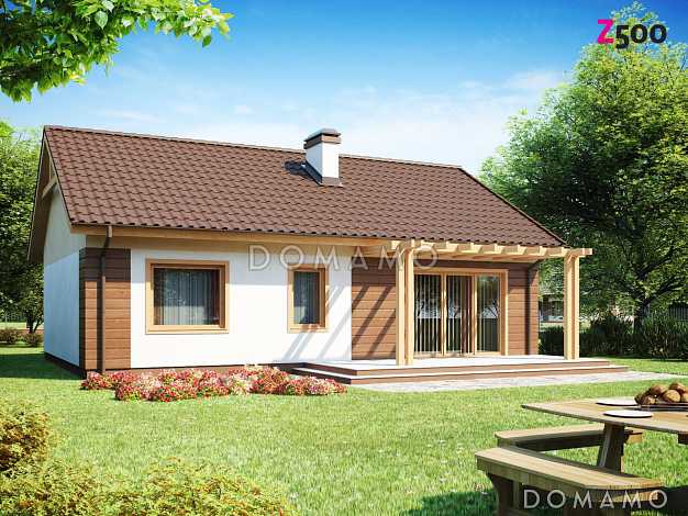 Проект одноэтажного дома из кирпича с тремя спальнями и террасой