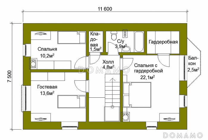 Проект компактного коттеджа с штукатуркой. / План мансардного этажа