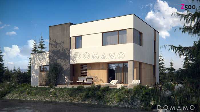 Проект современного двухэтажного дома из кирпича с техническим помещением, гаражом и открытой террасой на втором этаже